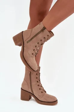 Ocieplane Botki Damskie Ze Sznurowaniem I Suwakami Beżowe Paressa