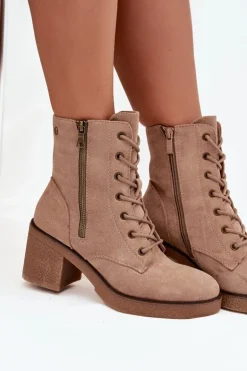 Ocieplane Botki Damskie Ze Sznurowaniem I Suwakami Beżowe Paressa