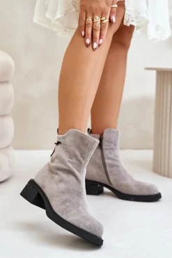 Ocieplane Botki Damskie Z Naturalnego Zamszu Na Zamek Szare Vinceza 66696