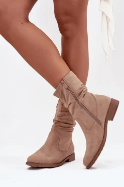 Ocieplane Botki Damskie Z Marszczoną Cholewką Na Płaskim Obcasie Beżowe Krisia