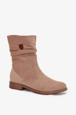 Ocieplane Botki Damskie Z Marszczoną Cholewką Na Płaskim Obcasie Beżowe Krisia