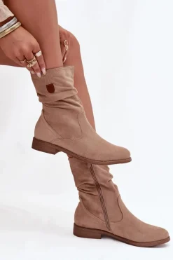 Ocieplane Botki Damskie Z Marszczoną Cholewką Na Płaskim Obcasie Beżowe Krisia
