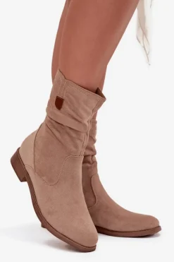 Ocieplane Botki Damskie Z Marszczoną Cholewką Na Płaskim Obcasie Beżowe Krisia