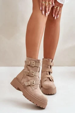 Ocieplane Botki Damskie Z Klamrami Beżowe Tiaeliana