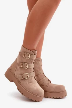 Ocieplane Botki Damskie Z Klamrami Beżowe Tiaeliana