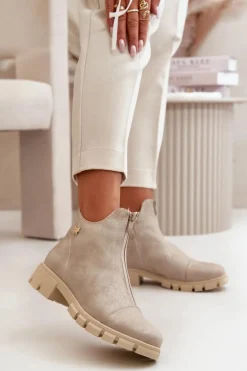 Ocieplane Botki Damskie Z Przetarciami Eko Skórzane Złote Verietta