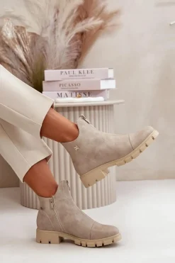 Ocieplane Botki Damskie Z Przetarciami Eko Skórzane Złote Verietta