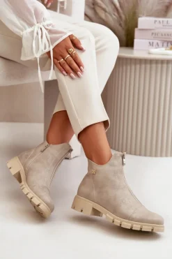 Ocieplane Botki Damskie Z Przetarciami Eko Skórzane Złote Verietta