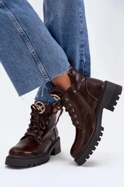 Ocieplane Botki Damskie Ze Złotym Detalem Czekoladowe Kavirae