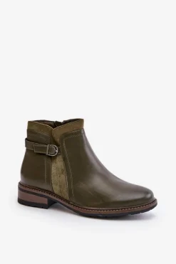 Ocieplane Botki Damskie Z Niską Cholewką Na Zamek Eko Skórzane Ciemnozielone Taitha