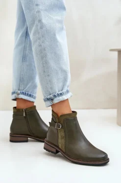 Ocieplane Botki Damskie Z Niską Cholewką Na Zamek Eko Skórzane Ciemnozielone Taitha