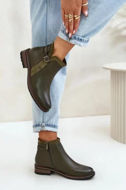 Ocieplane Botki Damskie Z Niską Cholewką Na Zamek Eko Skórzane Ciemnozielone Taitha