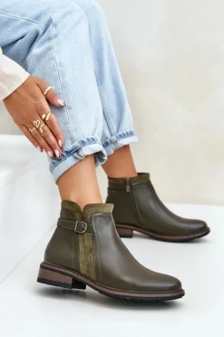 Ocieplane Botki Damskie Z Niską Cholewką Na Zamek Eko Skórzane Ciemnozielone Taitha