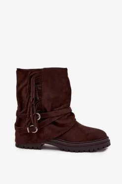 Ocieplane Botki Damskie Z Frędzlami I Klarami Na Płaskim Obcasie Czekoladowe Helianne