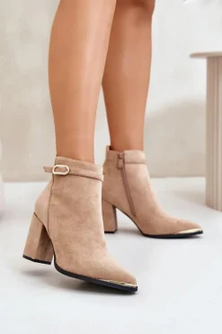 Ocieplane Botki Damskie Z Noskami W Szpic Na Słupku Beżowe Laoreina