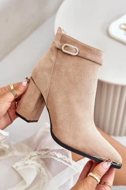 Ocieplane Botki Damskie Z Noskami W Szpic Na Słupku Beżowe Laoreina