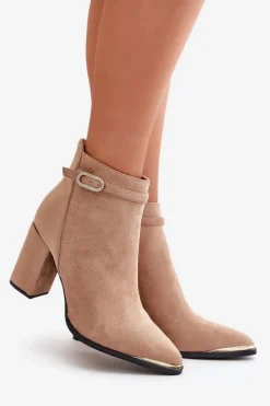 Ocieplane Botki Damskie Z Noskami W Szpic Na Słupku Beżowe Laoreina