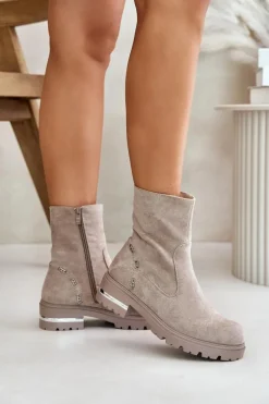 Ocieplane Botki Damskie Z Eko Zamszu Na Zamek Beżowe Narilie