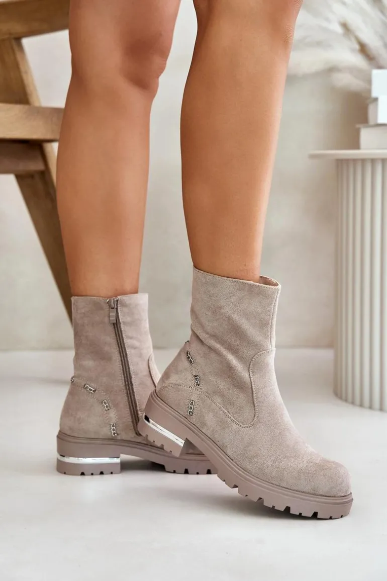 Ocieplane Botki Damskie Z Eko Zamszu Na Zamek Beżowe Narilie