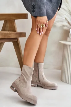 Ocieplane Botki Damskie Z Eko Zamszu Na Zamek Beżowe Narilie