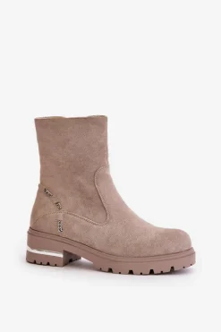 Ocieplane Botki Damskie Z Eko Zamszu Na Zamek Beżowe Narilie