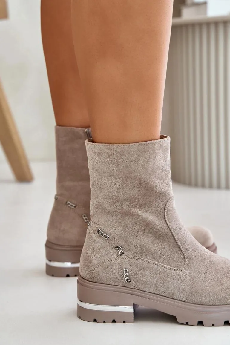 Ocieplane Botki Damskie Z Eko Zamszu Na Zamek Beżowe Narilie