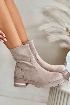 Ocieplane Botki Damskie Z Eko Zamszu Na Zamek Beżowe Narilie