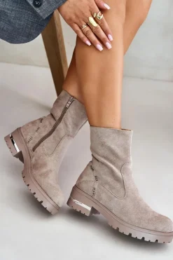 Ocieplane Botki Damskie Z Eko Zamszu Na Zamek Beżowe Narilie