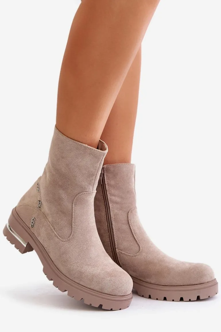 Ocieplane Botki Damskie Z Eko Zamszu Na Zamek Beżowe Narilie