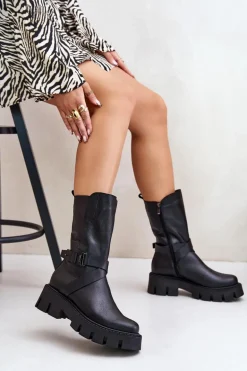 Ocieplane Botki Damskie Ze Skóry Naturalnej Laura Messi 2859 Czarne