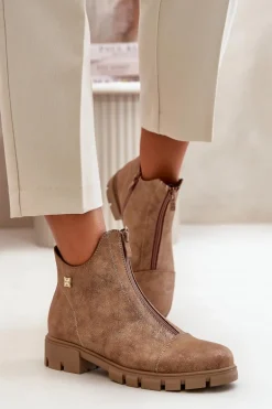 Ocieplane Botki Damskie Z Przetarciami Eko Skórzane Brązowo-Złote Verietta