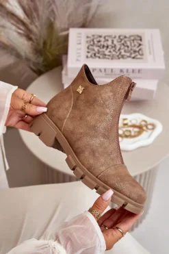 Ocieplane Botki Damskie Z Przetarciami Eko Skórzane Brązowo-Złote Verietta