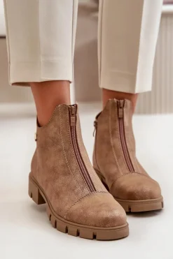 Ocieplane Botki Damskie Z Przetarciami Eko Skórzane Brązowo-Złote Verietta