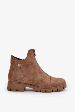 Ocieplane Botki Damskie Z Przetarciami Eko Skórzane Brązowo-Złote Verietta