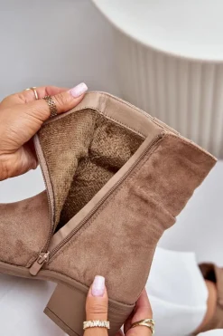 Ocieplane Botki Damskie Z Marszczoną Cholewką Na Niskim Obcasie Beżowe Zinanya