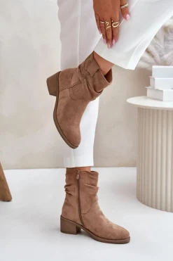 Ocieplane Botki Damskie Z Marszczoną Cholewką Na Niskim Obcasie Beżowe Zinanya