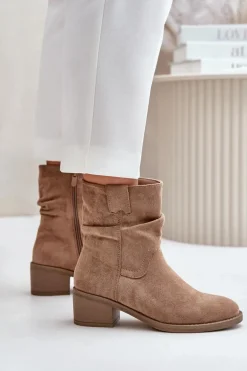 Ocieplane Botki Damskie Z Marszczoną Cholewką Na Niskim Obcasie Beżowe Zinanya