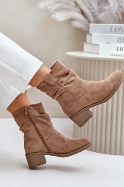 Ocieplane Botki Damskie Z Marszczoną Cholewką Na Niskim Obcasie Beżowe Zinanya