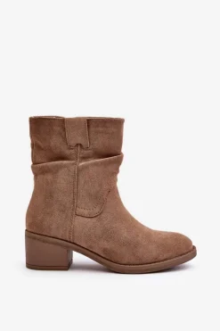 Ocieplane Botki Damskie Z Marszczoną Cholewką Na Niskim Obcasie Beżowe Zinanya