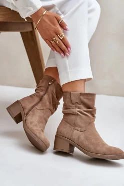 Ocieplane Botki Damskie Z Marszczoną Cholewką Na Niskim Obcasie Beżowe Zinanya