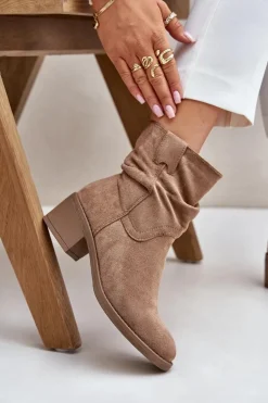 Ocieplane Botki Damskie Z Marszczoną Cholewką Na Niskim Obcasie Beżowe Zinanya