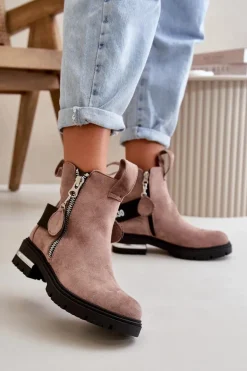 Ocieplane Botki Damskie Z Suwakiem Ciemnobeżowe Calvaro