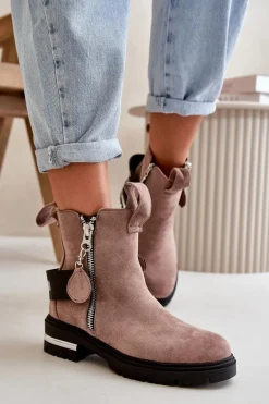 Ocieplane Botki Damskie Z Suwakiem Ciemnobeżowe Calvaro