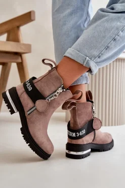 Ocieplane Botki Damskie Z Suwakiem Ciemnobeżowe Calvaro
