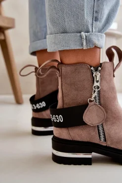 Ocieplane Botki Damskie Z Suwakiem Ciemnobeżowe Calvaro