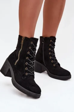 Ocieplane Botki Damskie Ze Sznurowaniem I Suwakami Czarne Paressa