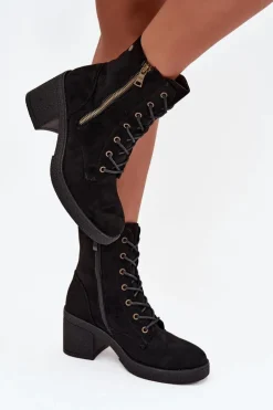Ocieplane Botki Damskie Ze Sznurowaniem I Suwakami Czarne Paressa