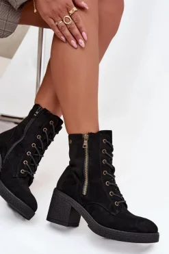 Ocieplane Botki Damskie Ze Sznurowaniem I Suwakami Czarne Paressa