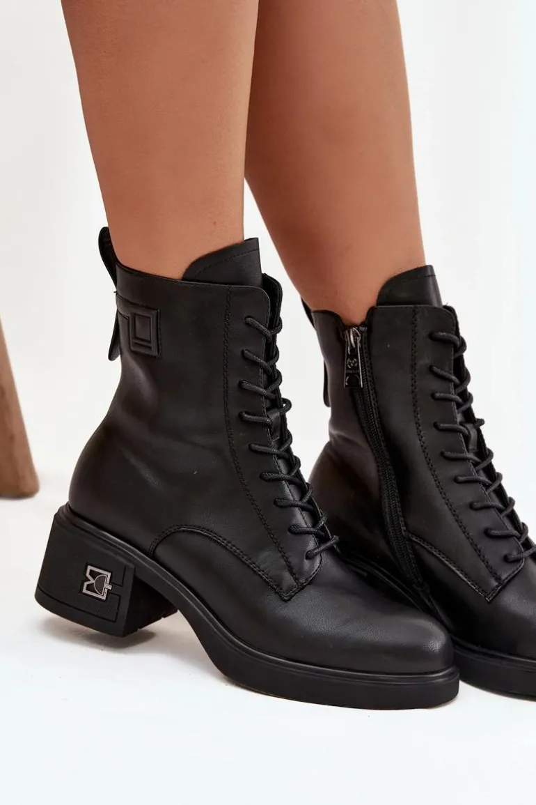 Ocieplane Botki Damskie Z Naturalnej Skóry Na Klocku Vinceza 66819 Czarne