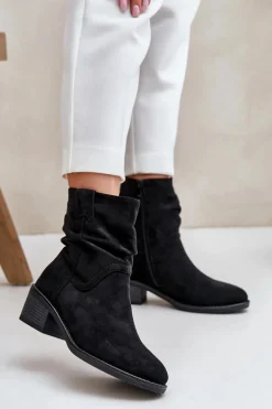 Ocieplane Botki Damskie Z Marszczoną Cholewką Na Niskim Obcasie Czarne Zinanya